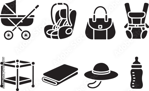 Baby Essentials Vector Set Stroller Car Seat Diaper Bag Carrier Crib Blanket Hat Bottle Iconography