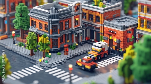 Miniature Cityscape Pixel Art Buildings & Traffic Scene in a Stylized Urban Design