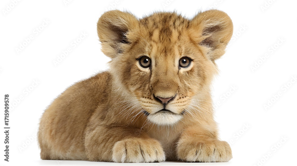Obraz premium Baby lion cub portrait isolated on white background adorable feline animal cute wildlife young predator mammal 100