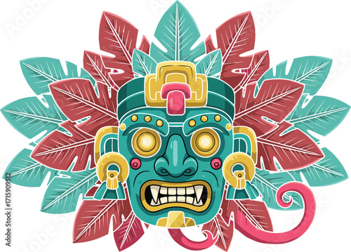 Colorful Aztec tribal mask illustration, ancient Mayan culture artwork, traditional ritual face design, ethnic decoration vector, decorative ornamental graphic art