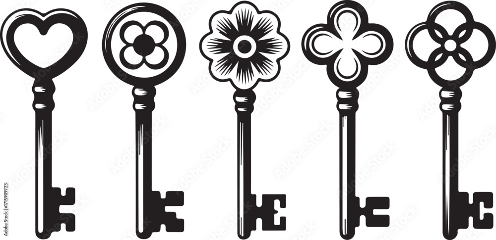 Obraz premium Antique Key Collection with Ornate Floral and Heart Designs on Transparent Background