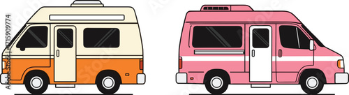Colorful camper vans illustration, retro orange motorhome, pink travel van design, vector road trip vehicle, camping adventure car, recreational RV artwork