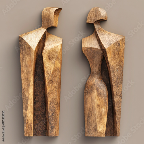Wooden sculptures representing male and female figures facing each other