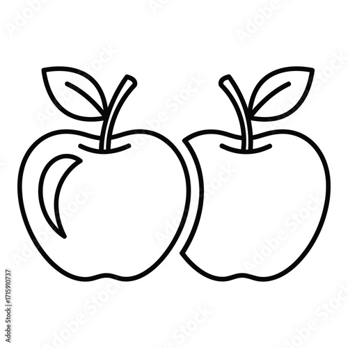 Simple outline drawing of two fresh apples with stems and leaves silhouette