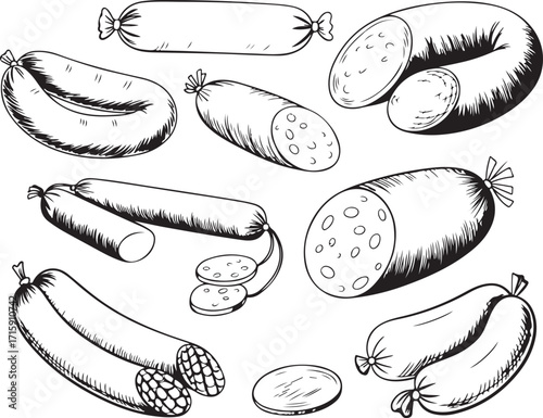 Engraved Sausage Collection on Transparent Background for Food and Culinary Illustrations