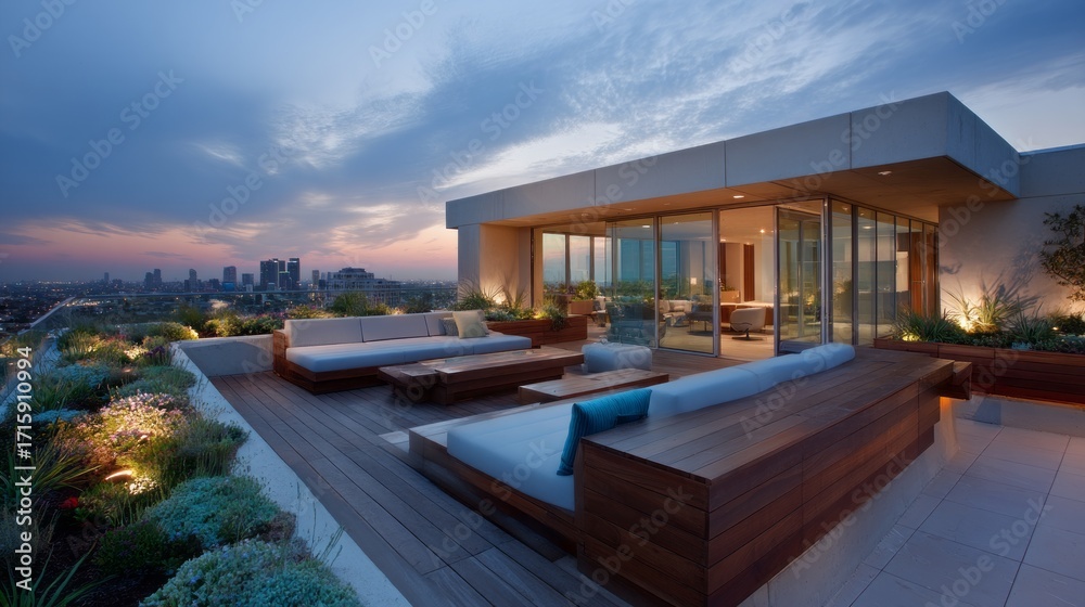 Fototapeta premium Modern rooftop patio with city views, featuring comfortable seating and lush greenery.