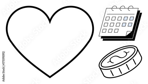Large heart outline near a calendar and coin with dollar sign. Ideal for love, commitment, charity, savings, planning, time management, and financial priorities. Simple flat metaphor