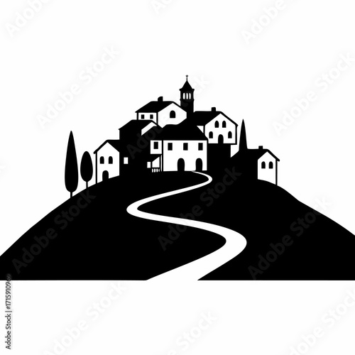 vector illustration of a village silhouette on a hilltop