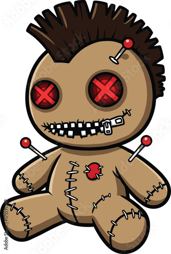 Creepy voodoo doll cartoon illustration with zipper mouth, red button eyes, stitched fabric body, pins, gothic scary Halloween design