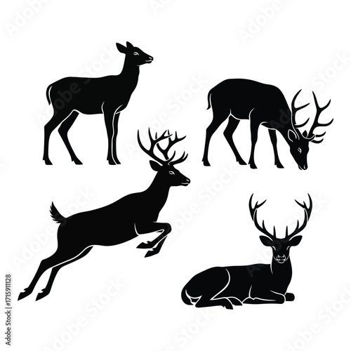 Diverse deer silhouettes four majestic antlered animals in various poses ready for design silhouette