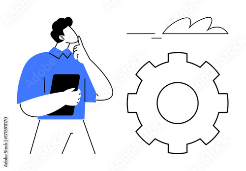 Thoughtful man holding tablet, large gear symbolizing process and development, cloud hinting at innovation. Ideal for brainstorming, problem-solving, planning, efficiency, digital transformation
