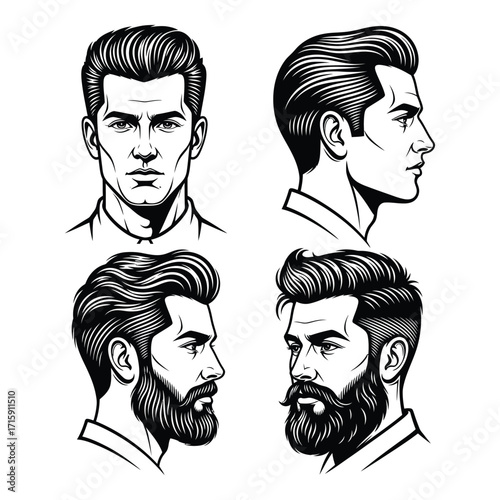 Diverse male hairstyles and beards illustrated in black and white line art silhouette