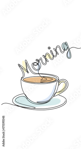 Illustration of a cup of coffee with the word morning elegantly integrated in a charming design