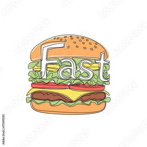Illustration of a colorful burger with the word fast creatively integrated in a fun design