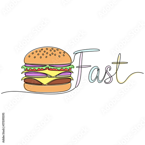 Illustration of a burger with the word fast creatively integrated in a colorful and playful design