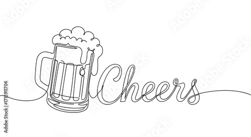 Illustration of a beer mug with a frothy top and the word cheers creatively integrated in a minimalist line design