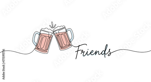 Illustration of two beer mugs clinking together with the word friends elegantly integrated in a celebratory design