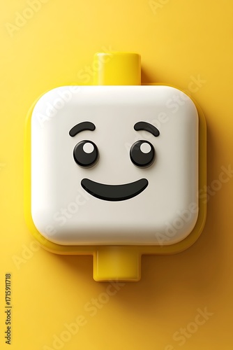 Smiling White Toy Block Face on Bright Yellow Background, Representing Playfulness and Connection in Design
