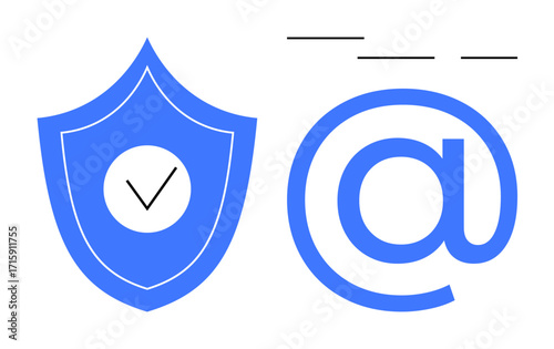 Shield with checkmark and symbol connected to security theme. Ideal for email protection, cybersecurity, data privacy, identity safety, phishing prevention, trust, simple flat metaphor