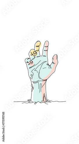 Illustration of a spooky hand emerging from the ground with a Halloween theme