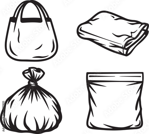 Assorted Bags Collection Hand-Drawn Style Tote, Plastic, and Ziplock for Packaging and Storage Solutions