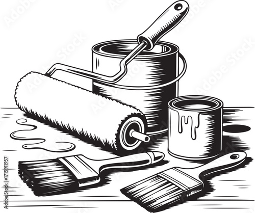 Painting Tools Collection Hand-Drawn Style Brushes, Rollers, and Cans for Artistic and Home Improvement Projects