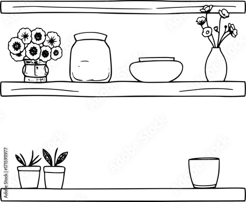 Line Illustration of Pots and Bowls on Wooden Shelf 