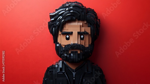 Artistic 3D portrait of a bearded male figure constructed from interlocking toy bricks against a vibrant red backdrop