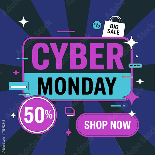 Cyber Monday promotion layout, dynamic rays background, sale badge elements, fifty percent circle, shop now tag, trendy vector
