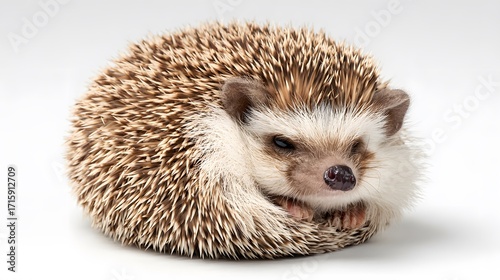 Cute hedgehog curled up on white background adorable pet animal spiky mammal african pygmy hedgehog photo