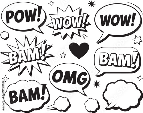 Comic Speech Bubbles Vector Set with Cartoon Sound Effects and Expression Elements