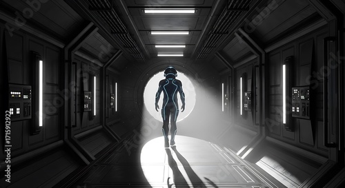 A figure in a spacesuit walks down a futuristic, illuminated corridor.