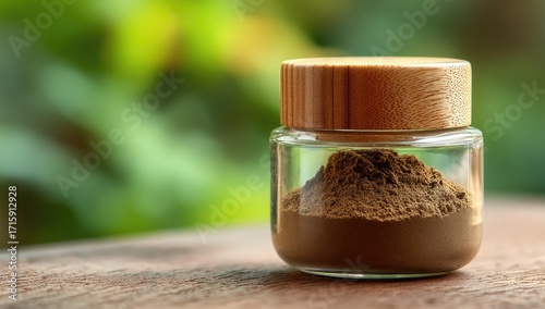 Clear glass jar with wooden lid, filled with dark brown powder, sits on a wooden surface.  Blurs of green foliage are in the background