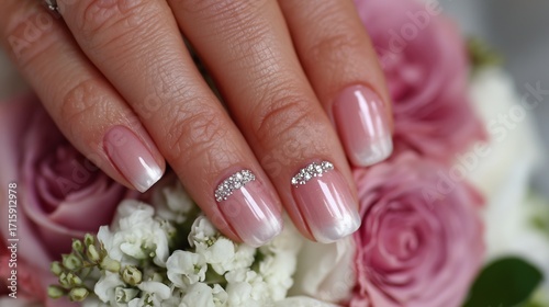 Wedding season nails with pearl and diamond accents, romantic white and silver, elegant blurred backdrop