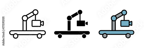 Camera crane icon set stroke, filled and colored concept for web design. Shoot reportage in studio. Professional television shooting. 