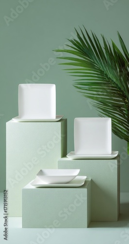 White rectangular plates on light mint-green pedestals, with palm frond