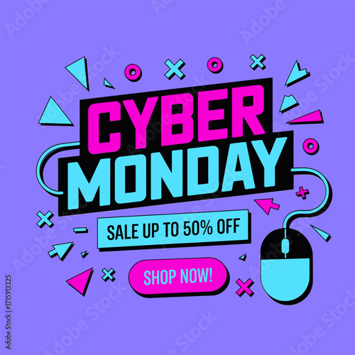 Cyber Monday sale poster, geometric shapes, computer mouse icon, up to fifty percent off, vibrant banner vector