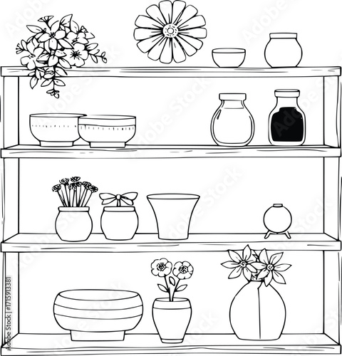 Outline Shelf with Plants, Vases, and Bowls 
