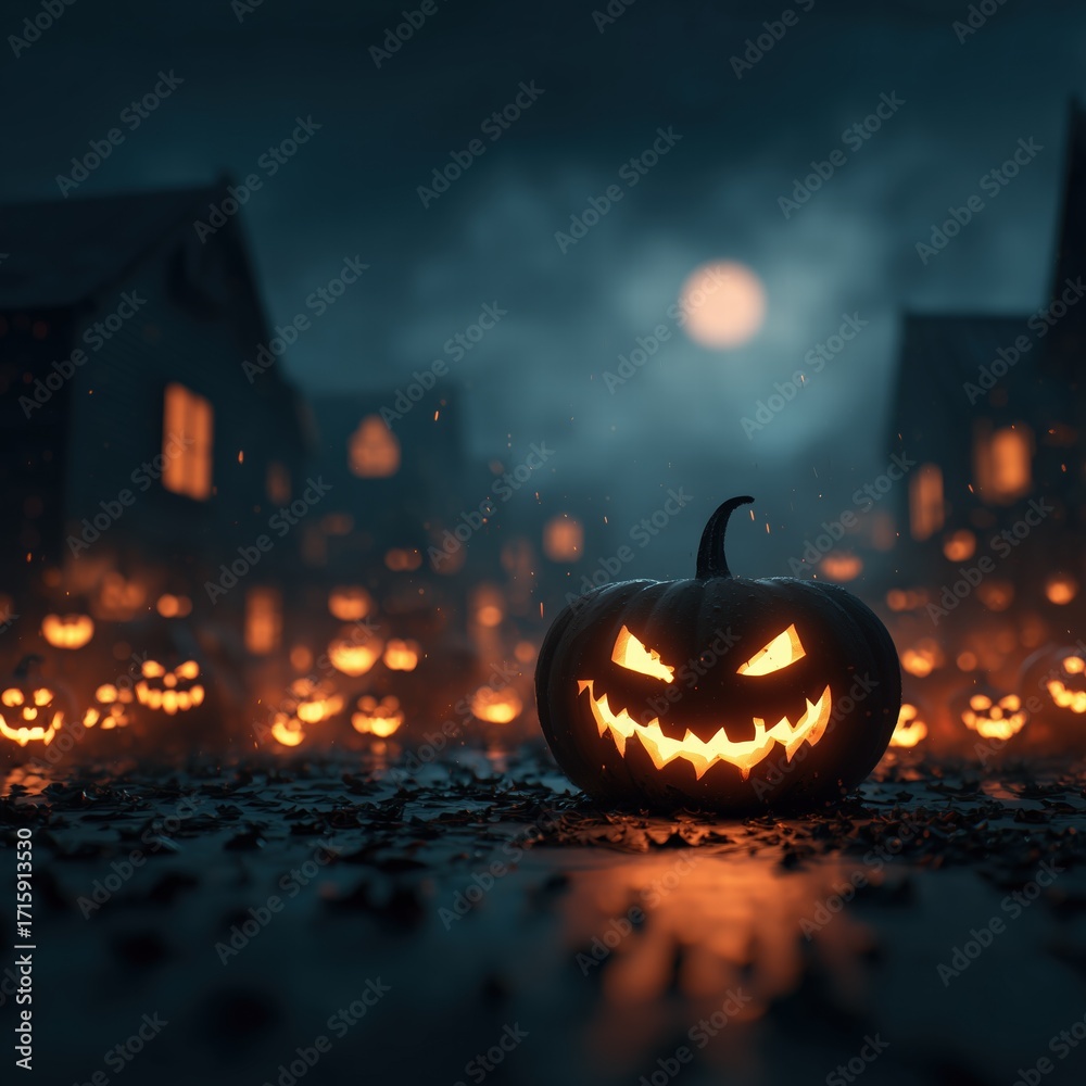Fototapeta premium Halloween horror background with scary pumpkin, flying bats, misty moonlight and dead branches, copy space for text, perfect for poster and social media design