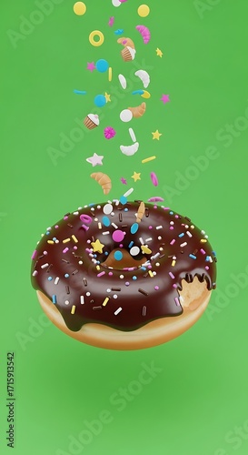 A chocolate-glazed donut, adorned with colorful sprinkles and miniature treats, floats against a vibrant green background.