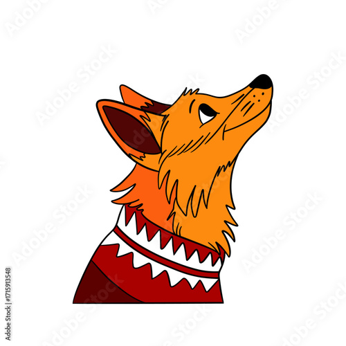 Cute Christmas fox in festive style with holiday decorations. Cheerful and cozy New Year character