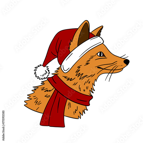 Cute Christmas fox in festive style with holiday decorations. Cheerful and cozy New Year character