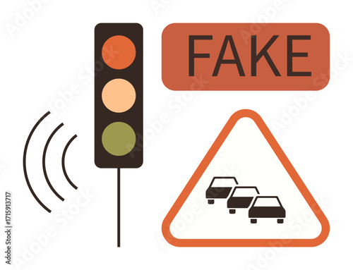 Traffic light, radar waves, warning sign with cars, and FAKE label concept. Ideal for misinformation, skepticism, road safety, technology, false alarms alerts caution simple flat metaphor
