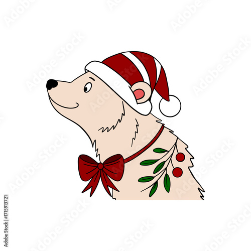 Cute Christmas bear in festive style with holiday decorations. Cheerful and cozy New Year character