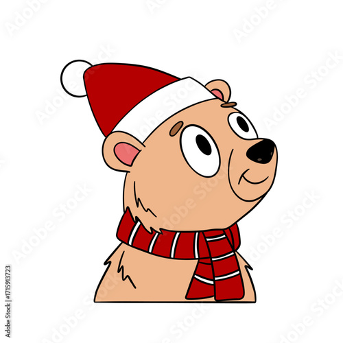 Cute Christmas bear in festive style with holiday decorations. Cheerful and cozy New Year character