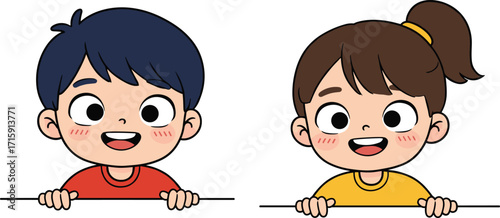 Cute cartoon boy and girl smiling, happy children illustration, kids holding banner, vector character design for education, advertising, fun