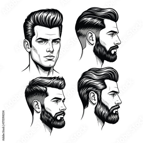 Four distinctive hairstyles and beard styles for men hand-drawn artistic rendering set silhouette