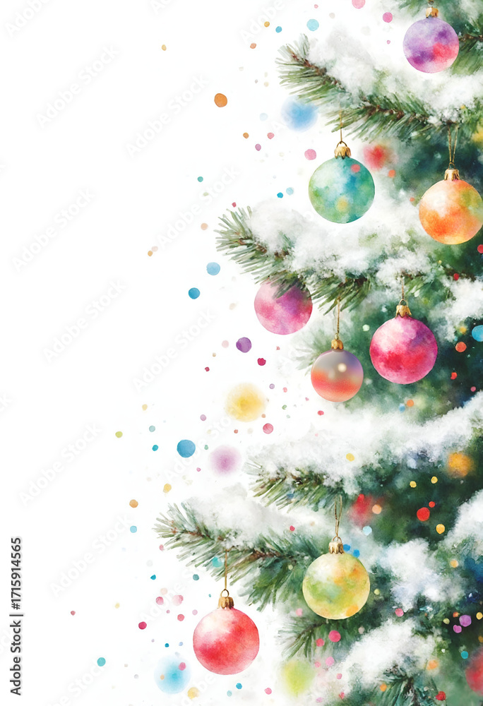 Obraz premium Watercolor Christmas Tree Edge with Snowy Branches and Colorful Baubles – Minimal Festive Accent