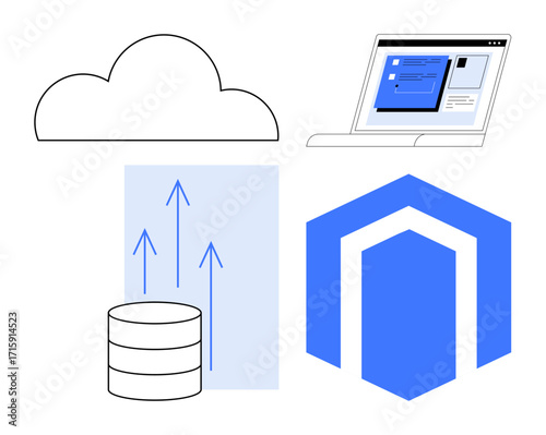 Cloud, database with upward arrows, e-commerce platform logo, and a laptop screen for online management. Ideal for tech innovation, cloud storage, data growth, internet business, online platforms