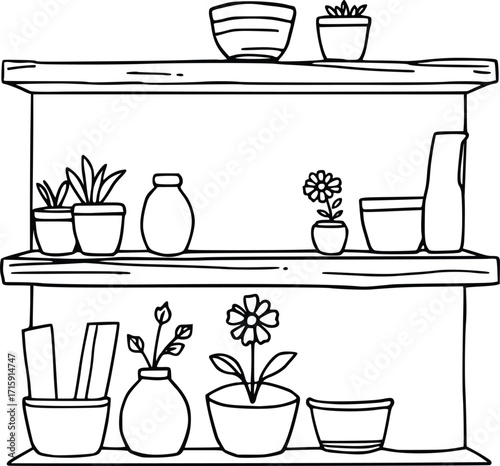 Line Art Kitchen Shelf with Containers and Flowers 